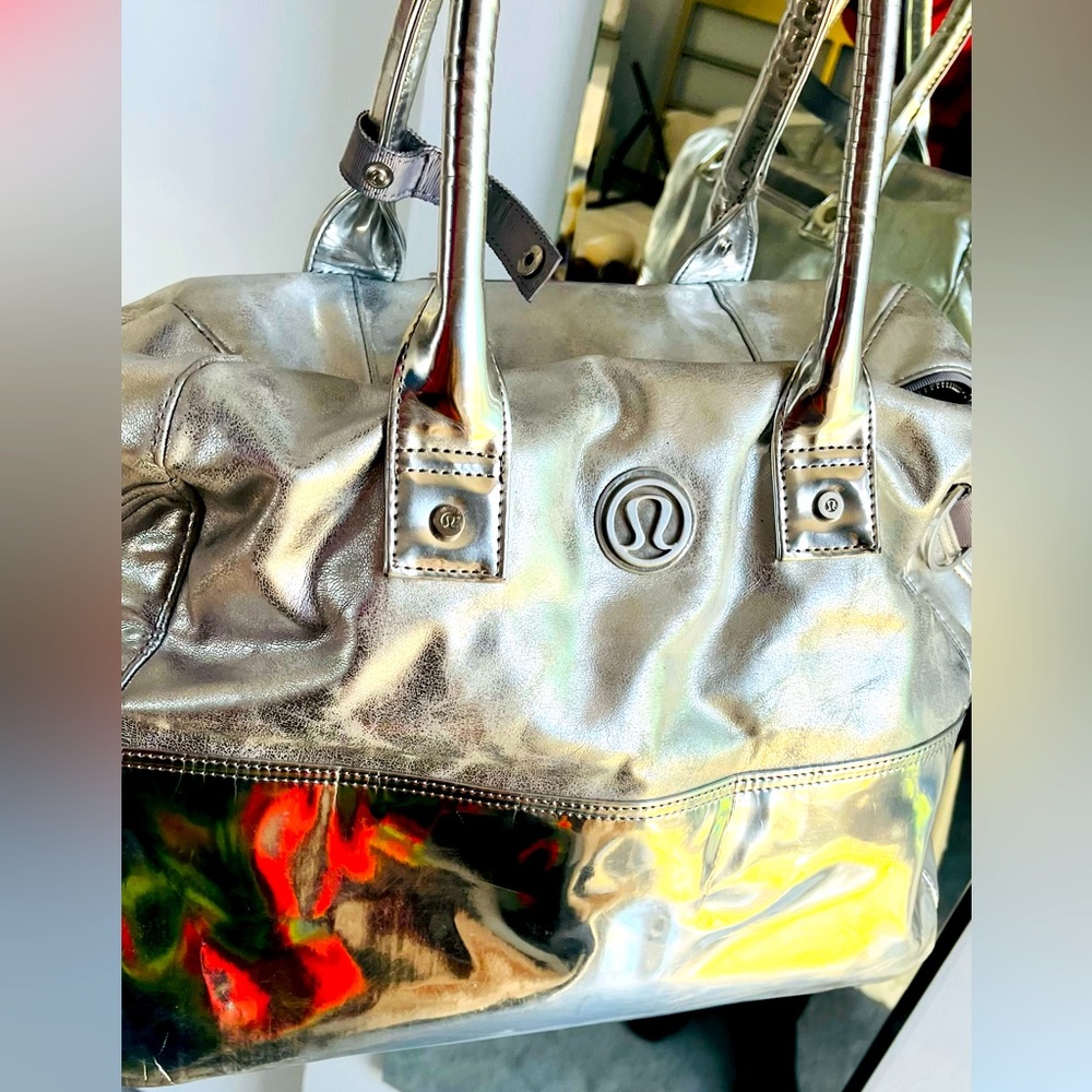 Lululemon Shiny Silver Metallic Duffle Bag Tote Gem